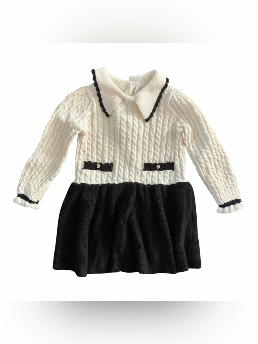 Janie and Jack Cream and Black Knit Two-Tone Dress with Peter Pan Collar